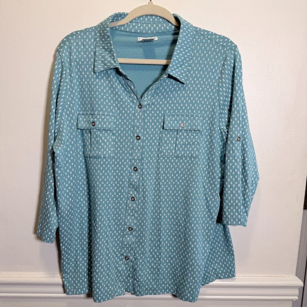 Hasting & Smith Womens XL Blue Floral Button Up Shirt 3/4 Sleeve Cottagecore